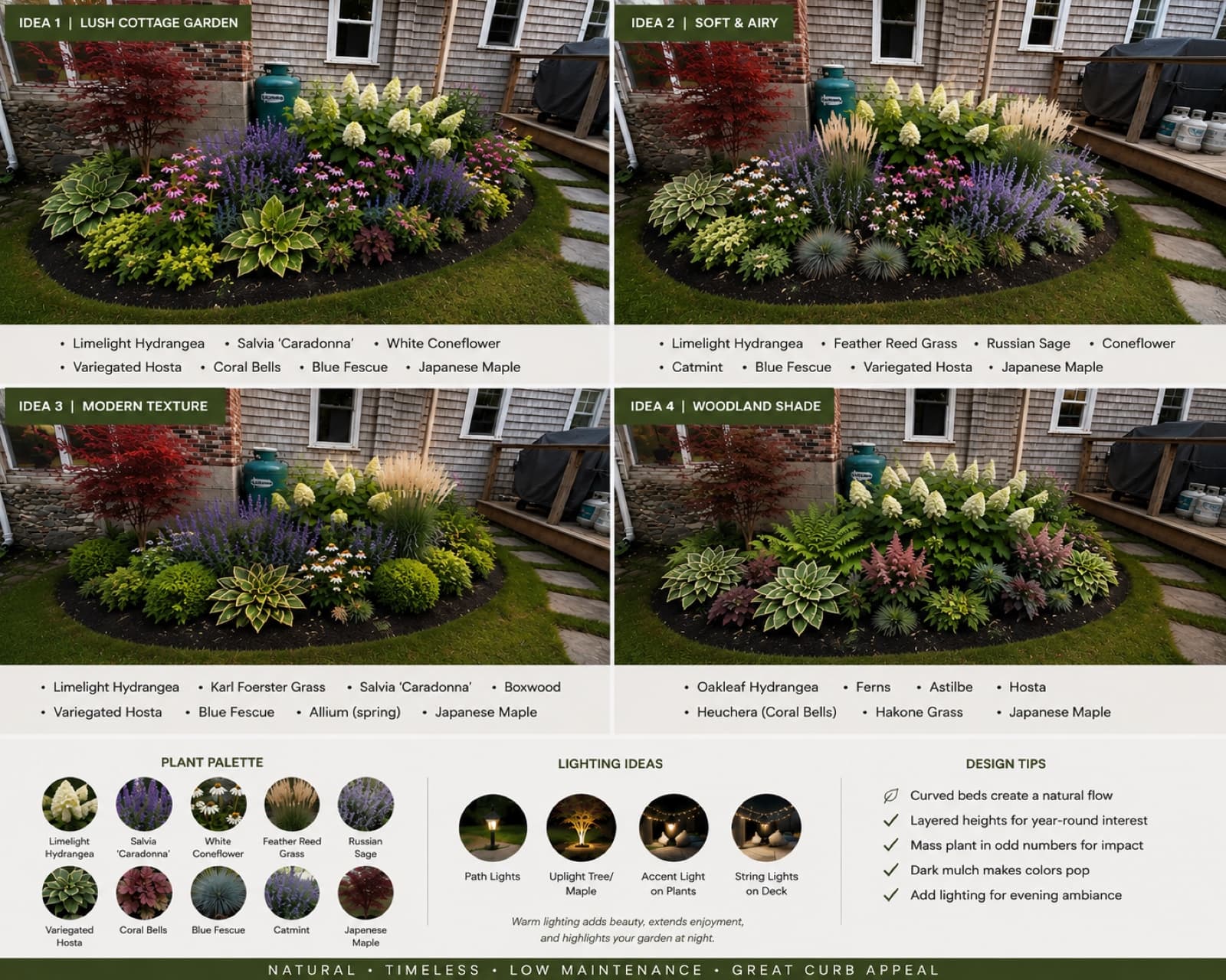 Four design concept mockups showing different plant palettes