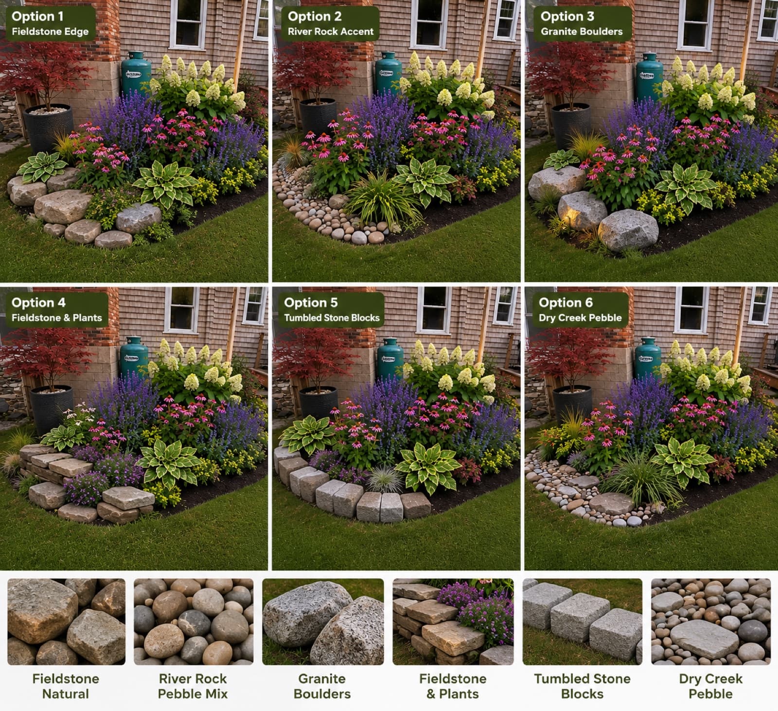 Six design concept mockups showing different bed edging options